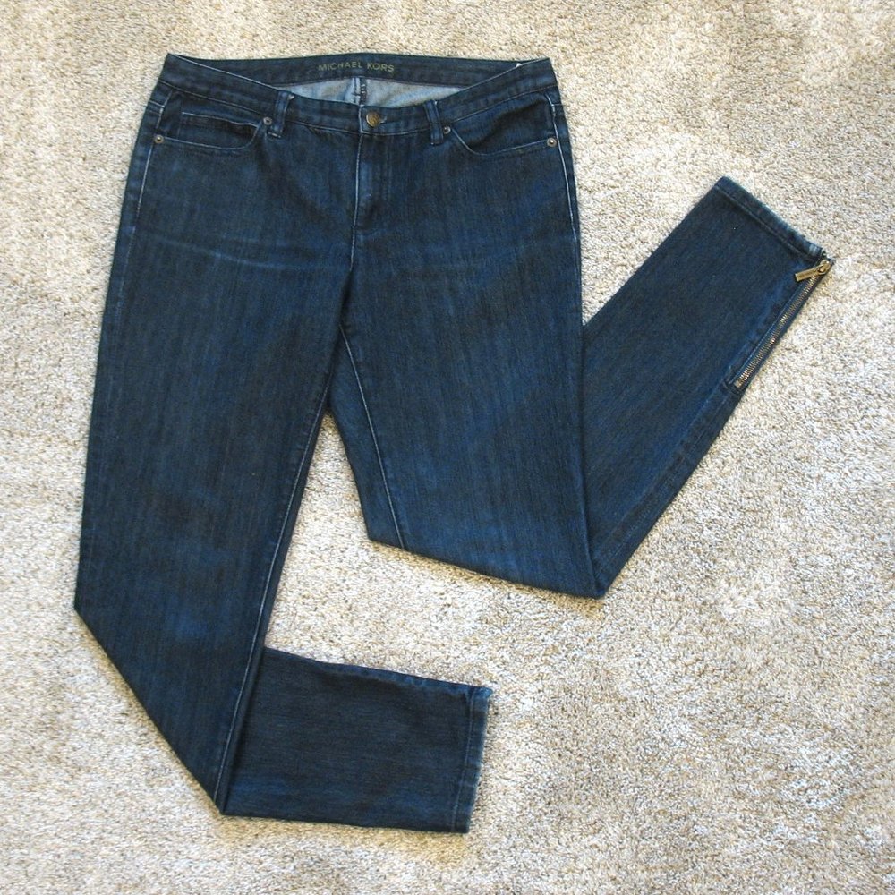 Michael Kors Blue Dark Wash Skinny Jeans with Zipper at Ankle Size 8